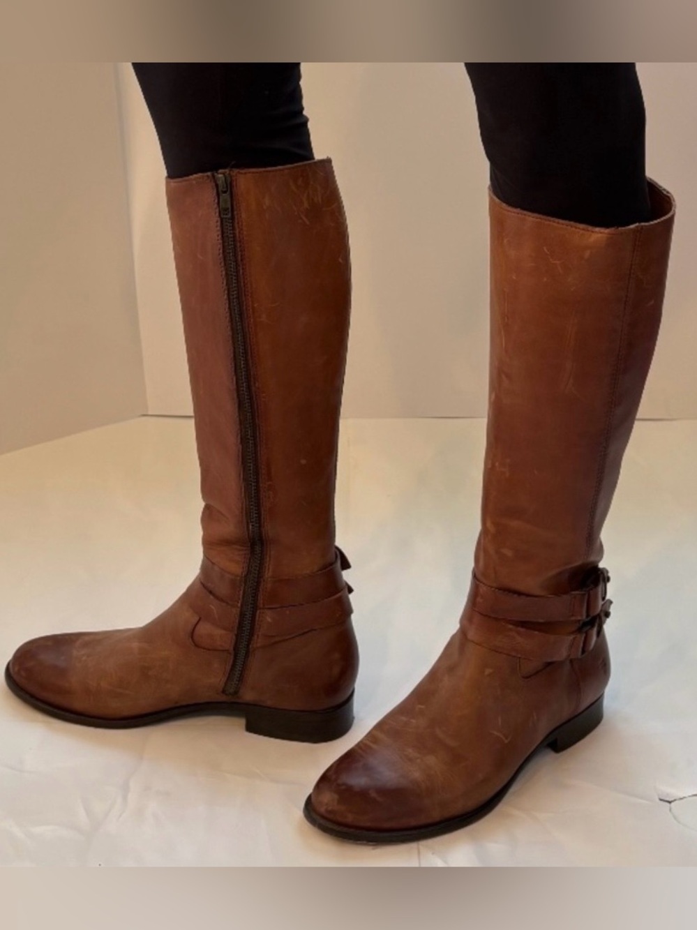 Frye Christie Double Strap Tall Cognac Leather Riding Boots 8.5 B
